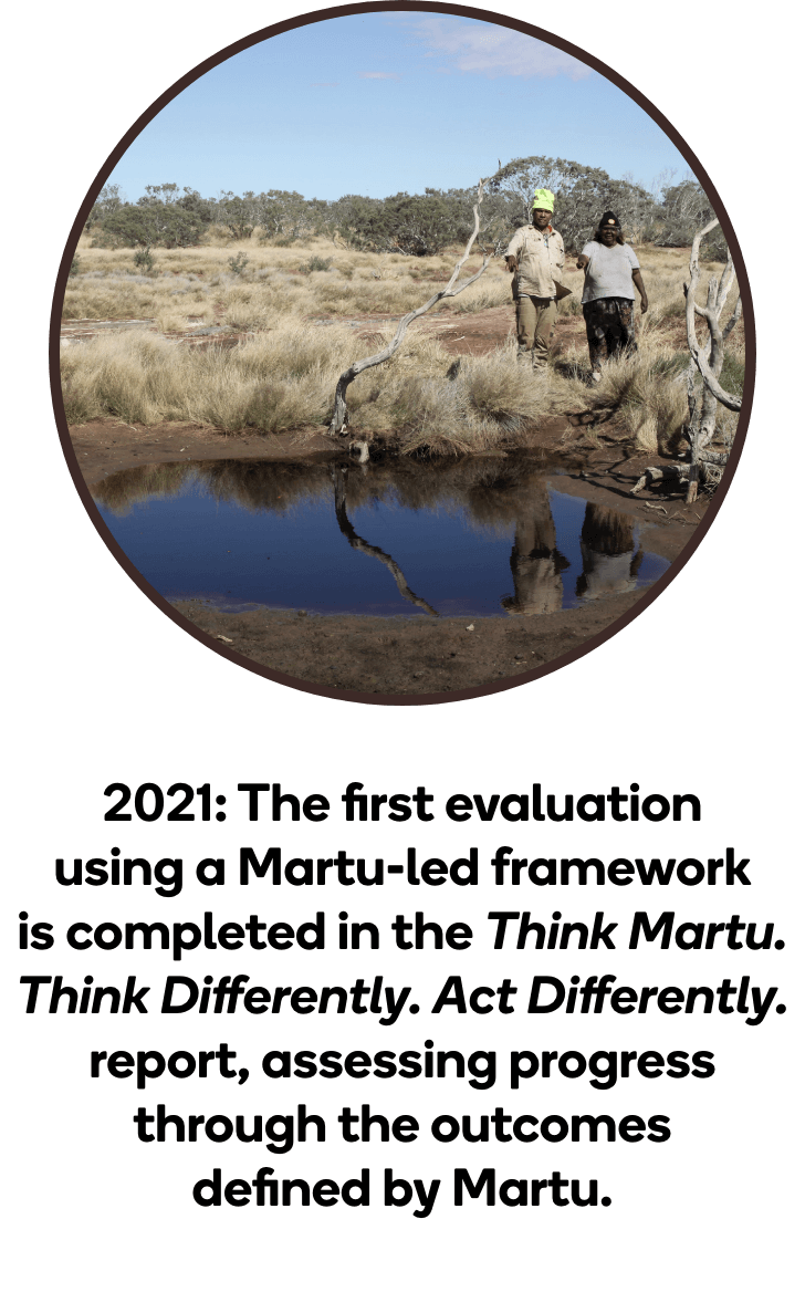 Martu man and Pujiman Elder together on Country, reflecting the Martu-led evaluation approach used in the Think Martu. Think Differently. Act Differently. report.