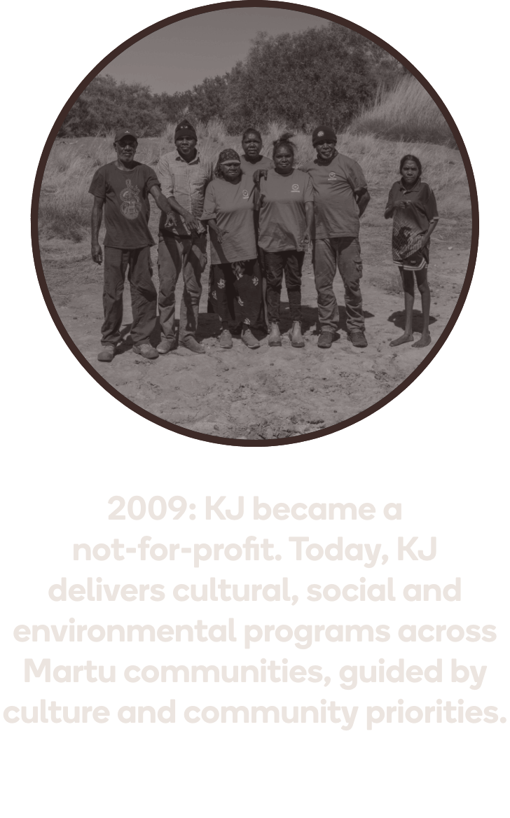 Group of Martu KJ staff standing together on Martu Country in Western Australia, representing KJ's work delivering cultural, social and environmental programs since becoming a not-for-profit in 2009