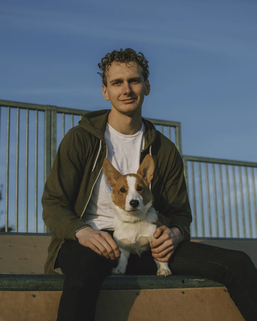 Alex and his dog Link, the Skateboarding Corgi