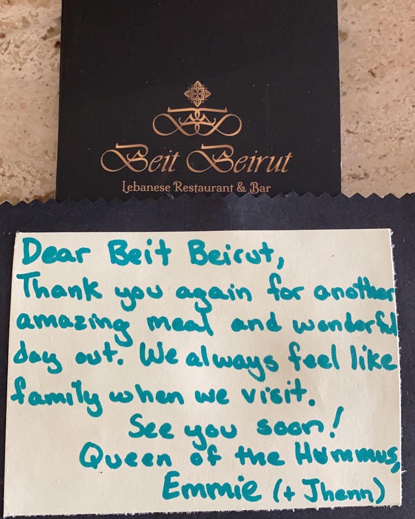 Received this cute note from a regular faithful customer of Beit Beirut! 

Thank you Emmie and Jhenn for the lovely words! This made our day! You are always welcomed at your home Beit Beirut. 

#beitbeirut #beitbeirutwoking #customerreview #review #f