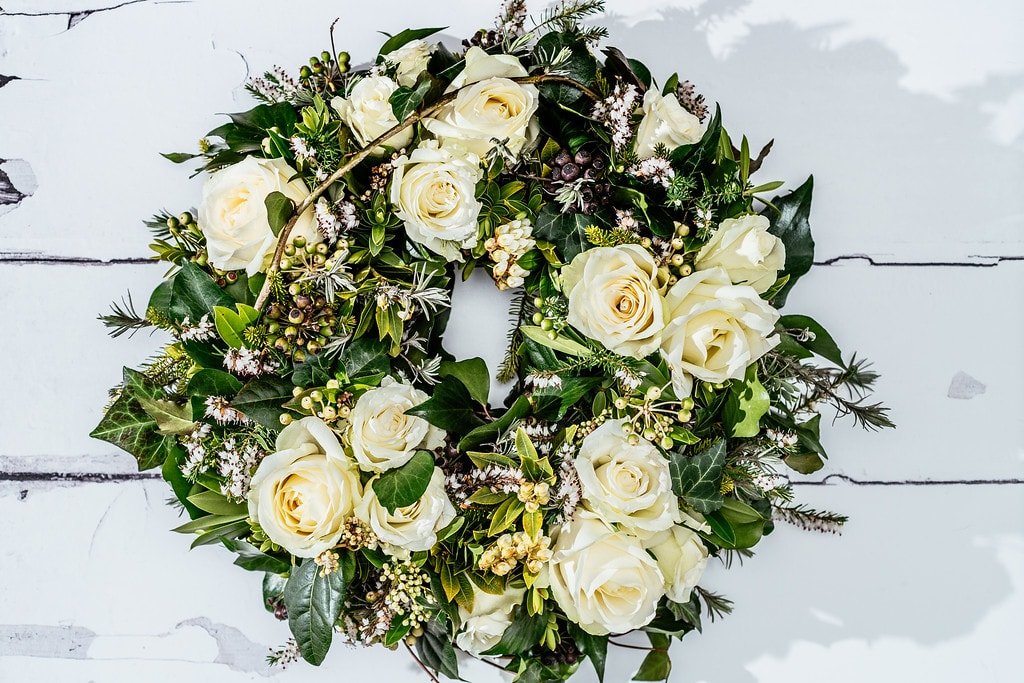 Funeral wreath white and green loose style Cardiff.jpg