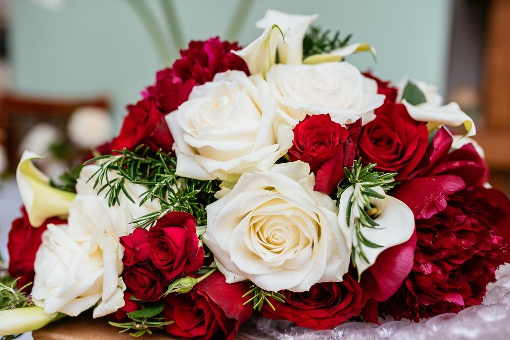 Red and white shower bridal bouquet