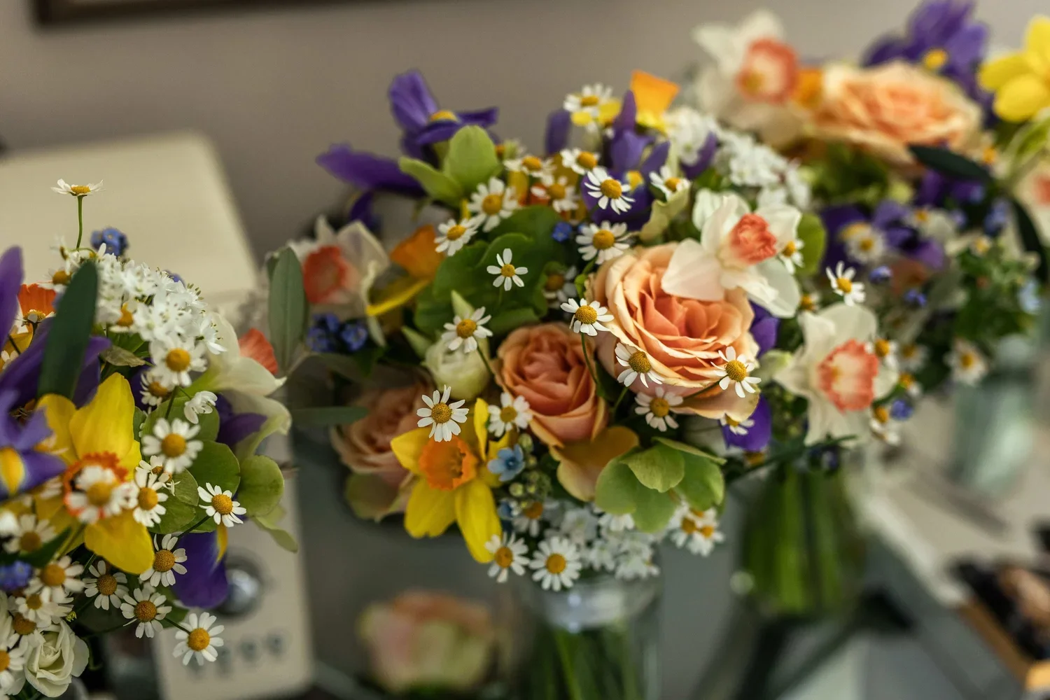 The spring bouquets are full of daffodils, daisies, iris and more