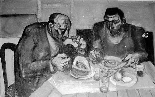 Two Men Eating 1958, 122 x 183 cm, oil on board