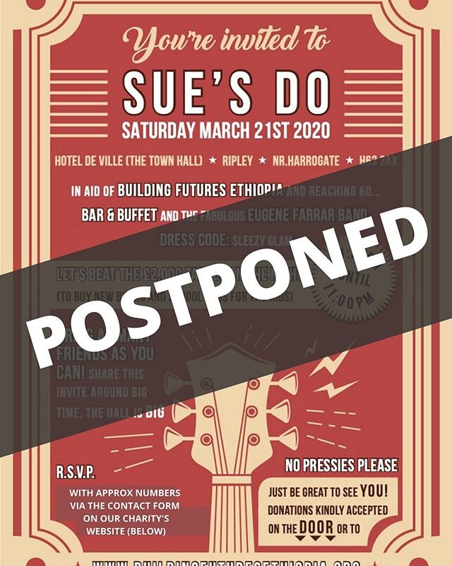It won't come as much of a surprise to any of you, but unfortunately in view of the current (and quickly evolving) situation, we have taken the decision to postpone Saturday's event. We will let you all know when we have a new date! Stay safe in the 