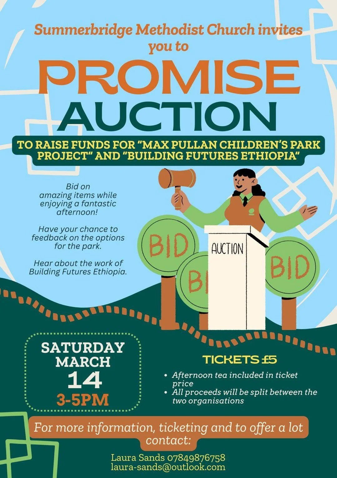 Join us for an afternoon of community and giving! 

Summerbridge Methodist Church is hosting a Promise Auction on Saturday 14th March, from 3-5 pm to support the Building Futures Ethiopia and Max Pullan Children&rsquo;s Park Project.

At the event yo