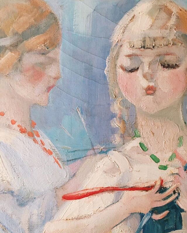 Close up of Les Tricoteuses, c 1915, Jacqueline Marval. Oil on canvas, 210 x 242 cm. Private collection, Paris. #jacquelinemarval #art #frenchart #fauvism #modernart #ecoledeparis