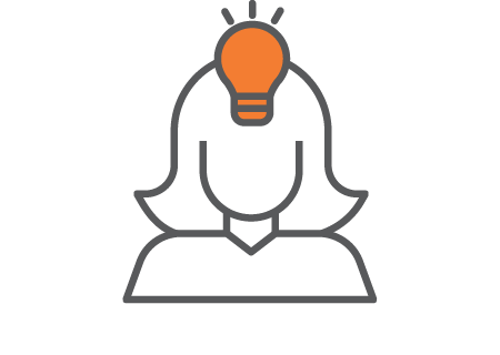A simple drawing of a lady with a light bulb popping out of her head