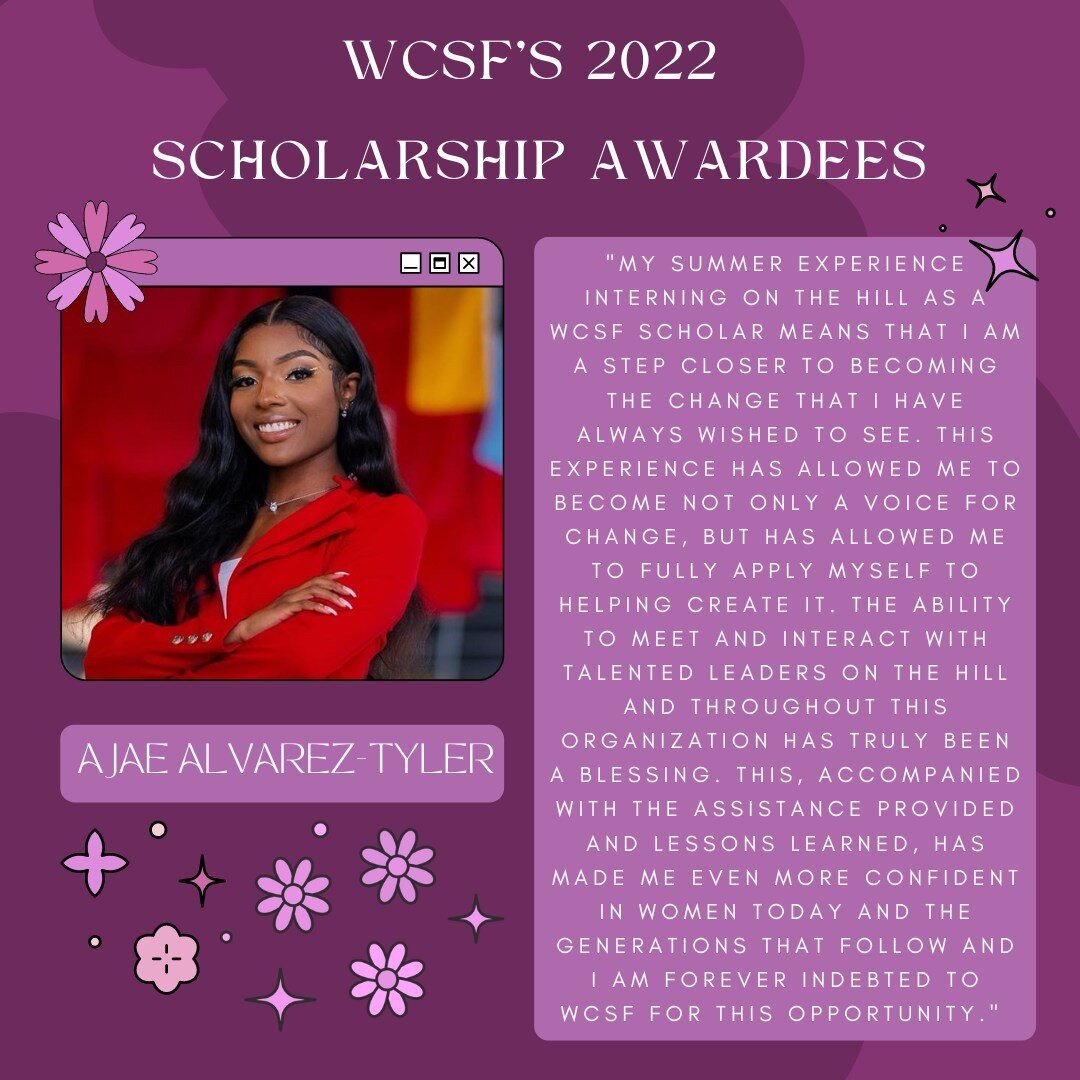Get to know our class of 2022 WCSF Scholarship Awardees! First up is Ajae Alvarez-Tyler. This summer, Ajae has been interning for the office of @repbonnie. Ajae has received her B.A. from Rutgers University and plans to continue her education at The 