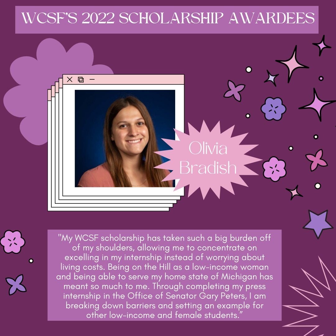 Give a round of applause for WCSF's next Scholarship Awardee of 2022: @olivia.bradish! Olivia has put her passion for writing and advocacy into practice this summer by working as a press intern for Michigan @sengarypeters. She is planning to graduate