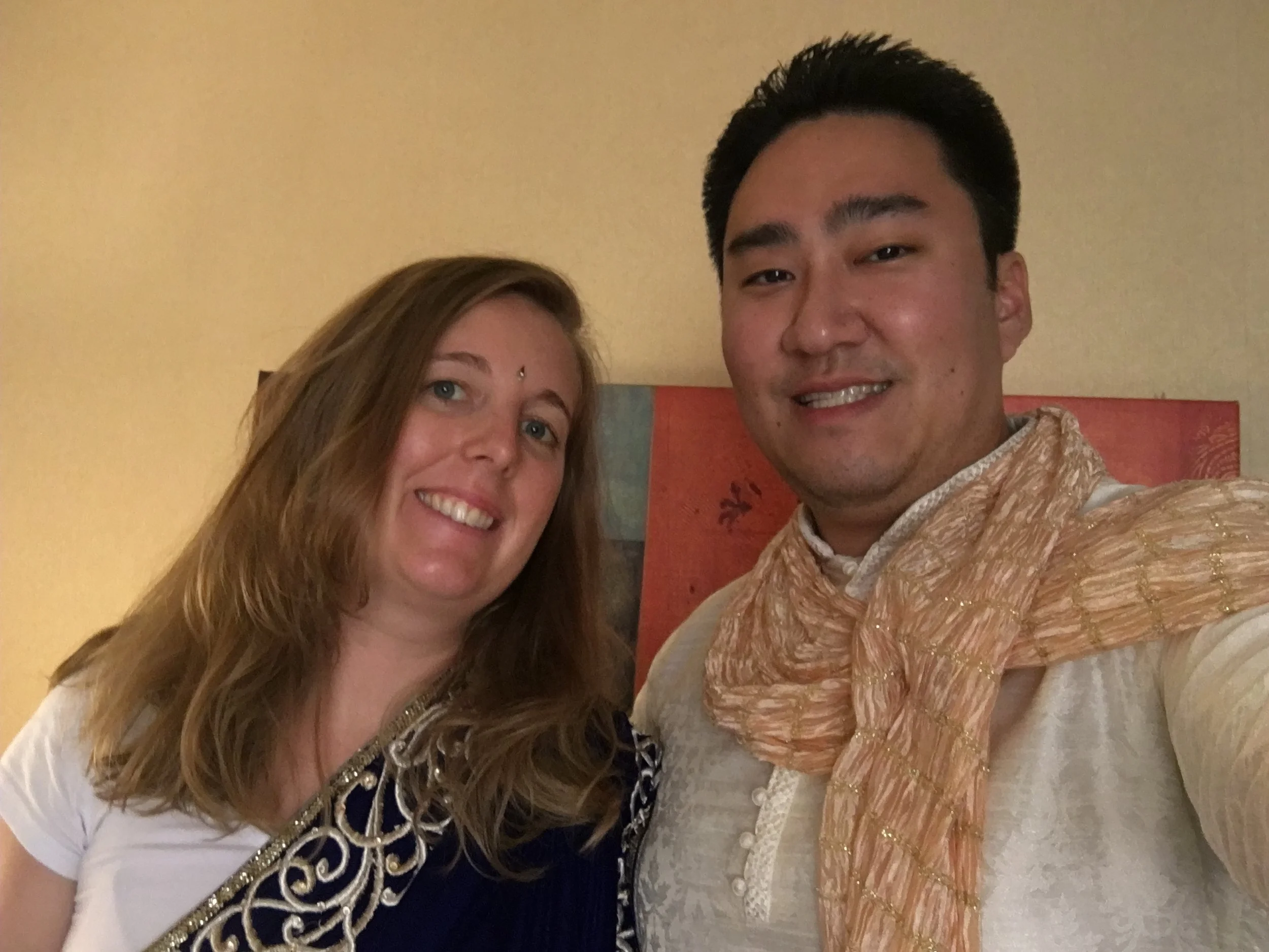  2. Annie and I on the wedding day in Indian clothes. It would both of our first times wearing it.&nbsp; 
