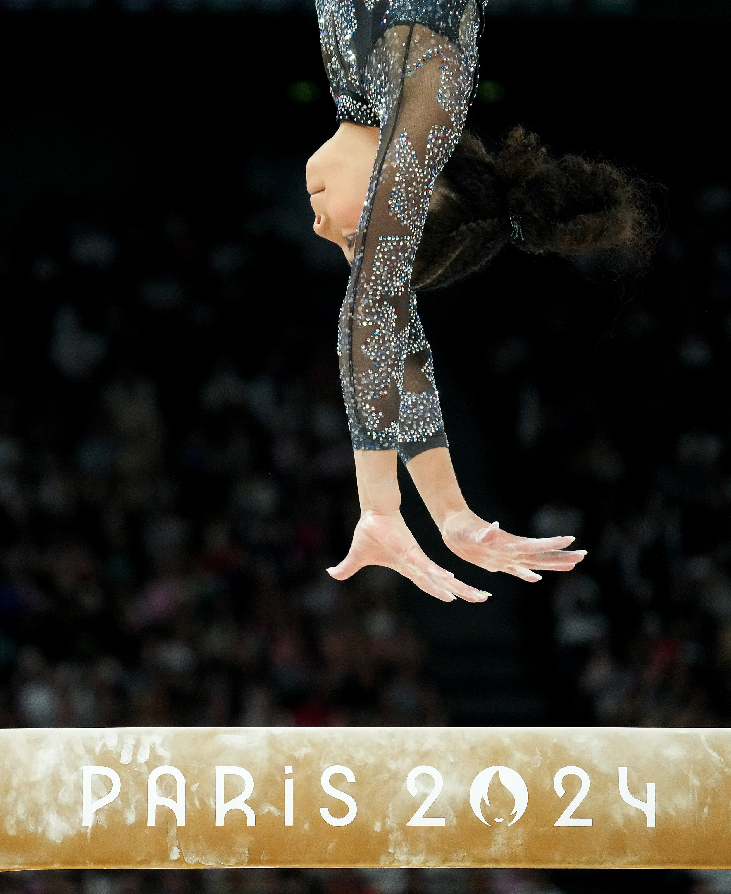 Hezly Rivera of the United States competes on the balance beam during women’s gymnastics qualifying at the 2024 Summer Olympics on Sunday, July 28, 2024, in Paris.