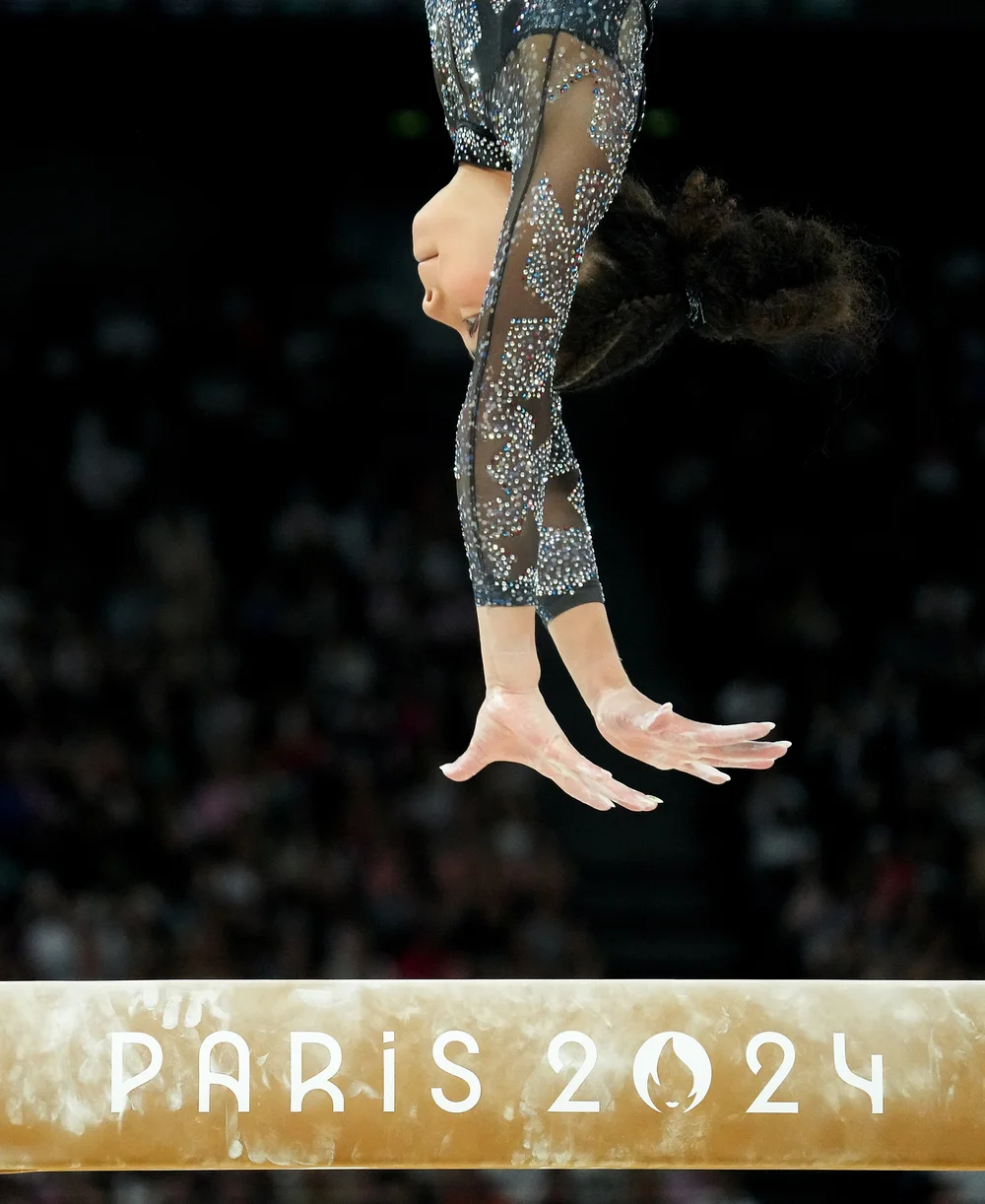  Hezly Rivera of the United States competes on the balance beam during women’s gymnastics qualifying at the 2024 Summer Olympics on Sunday, July 28, 2024, in Paris. 