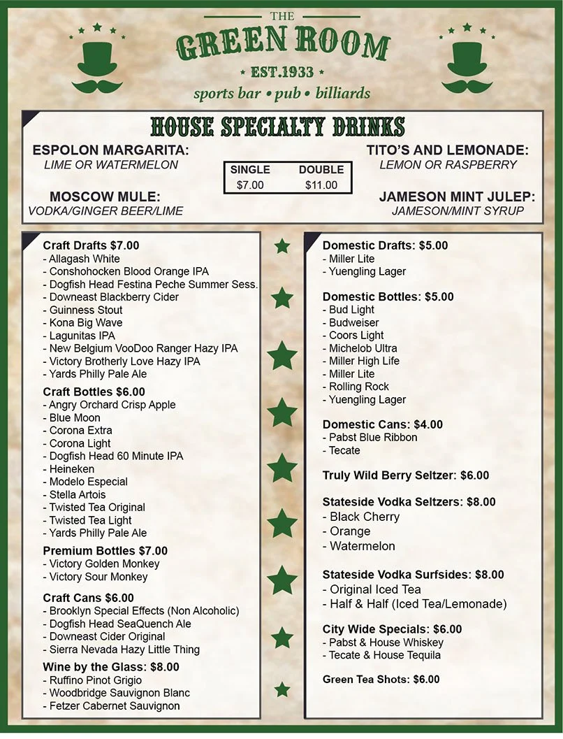 Green Room Fairmount Philadelphia Irish Bar with Sports Games