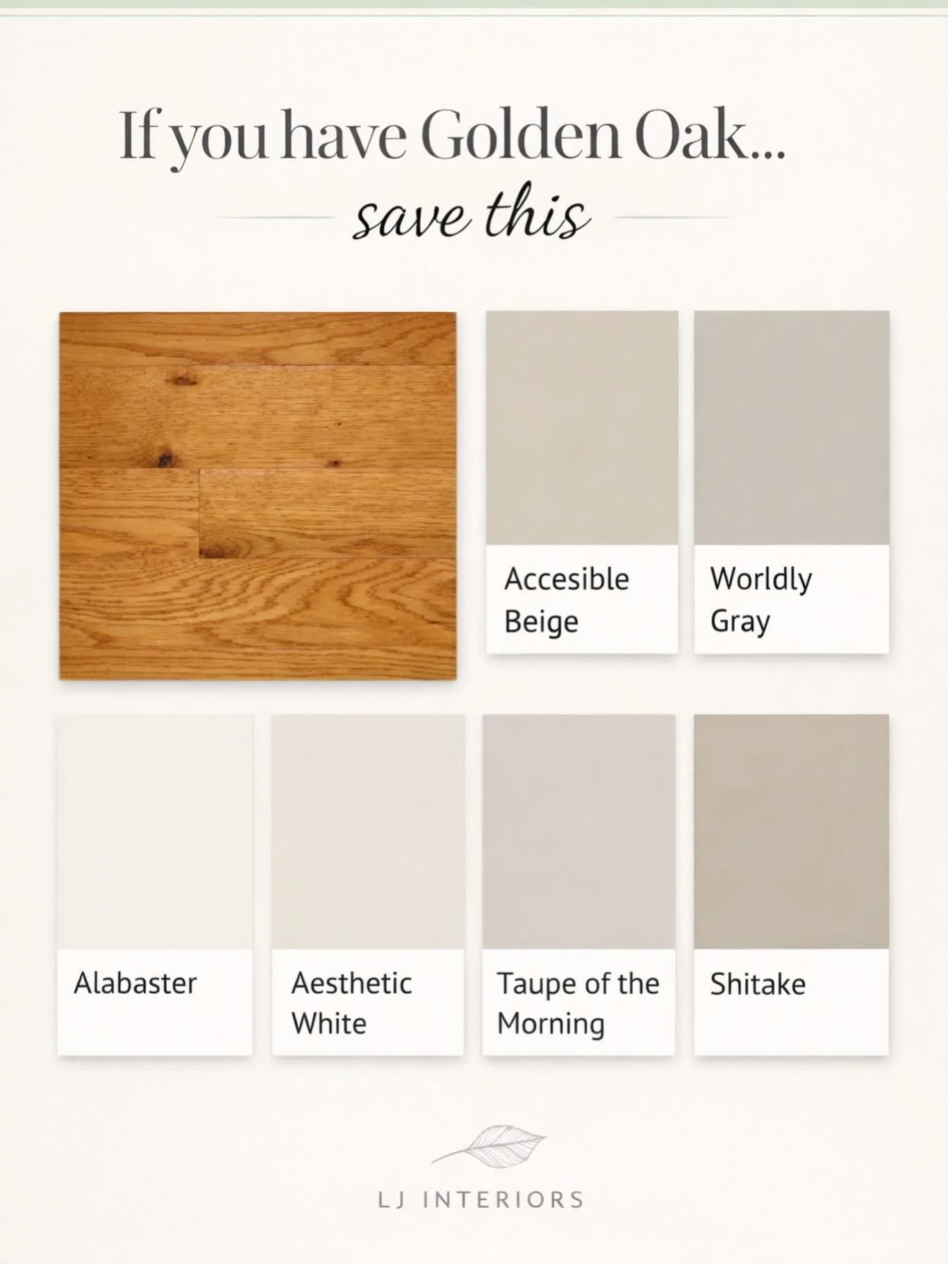 Living with Golden Oak? Start here. 

If you have golden oak in your home, the goal isn&rsquo;t to fight it, it&rsquo;s to work with it.

Golden oak has strong warm undertones (hello orange + yellow).
When you pair it with cool grays or stark whites,