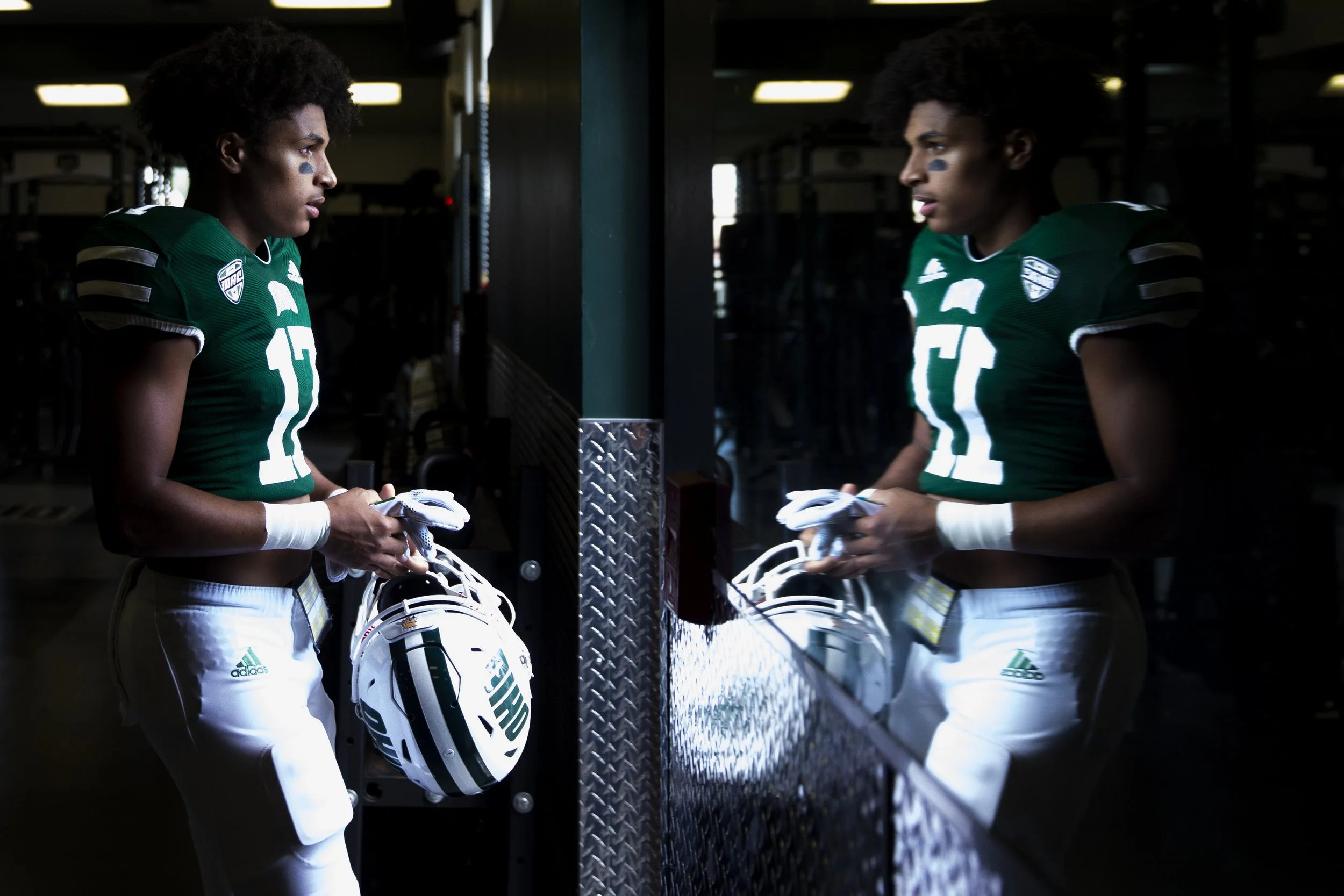  Ohio wide reciever Nigel Drummond II (#17) walks out onto the field prior to the Homecoming game against Central Michigan on Saturday, October 9, 2021.  