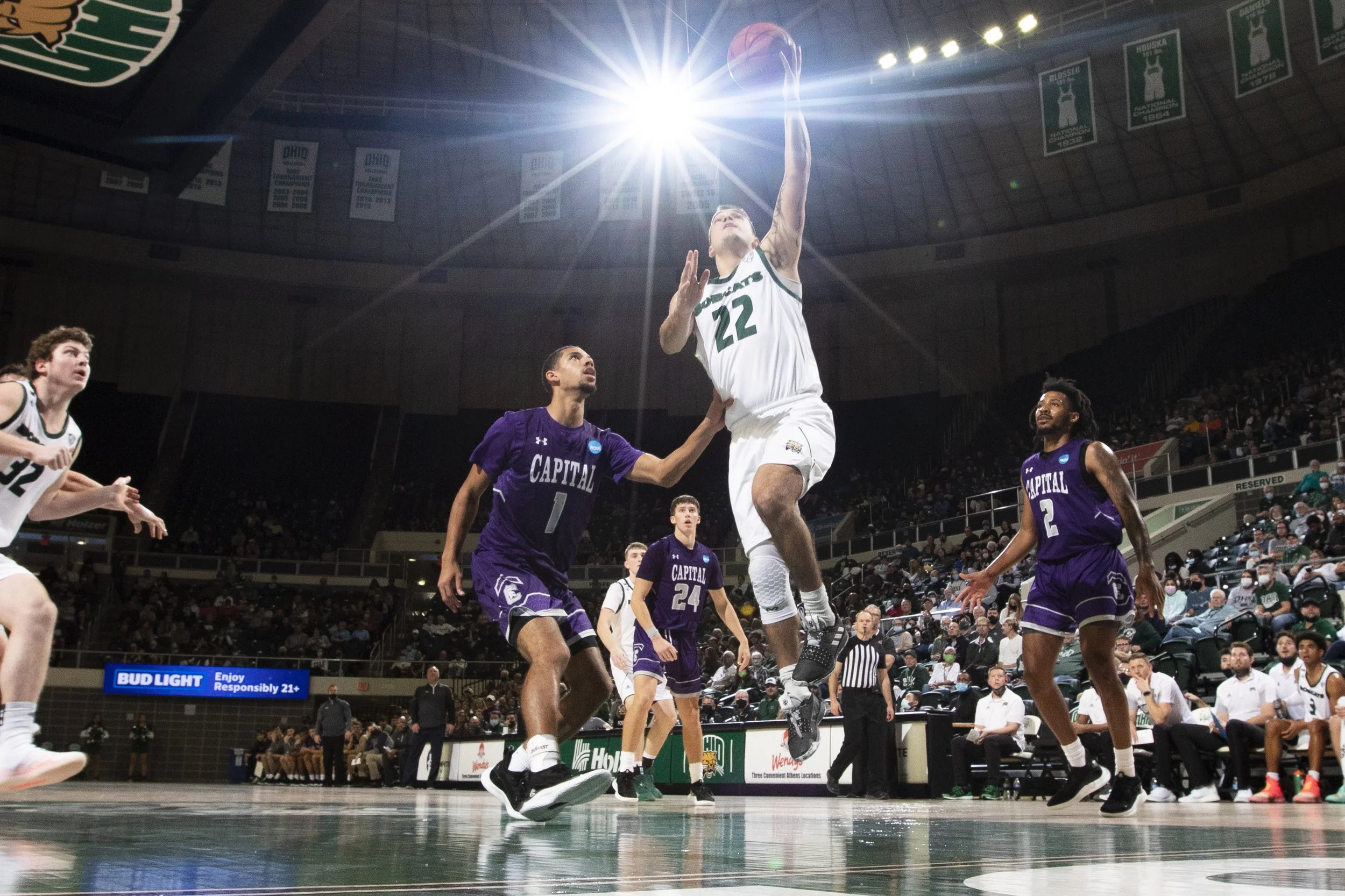  Ohio guard Tommy Schmock (22) completes a layup in the second half of the game. Schmock had a break out performance, that likened his style to Matthew Dellavedova in the NBA.  