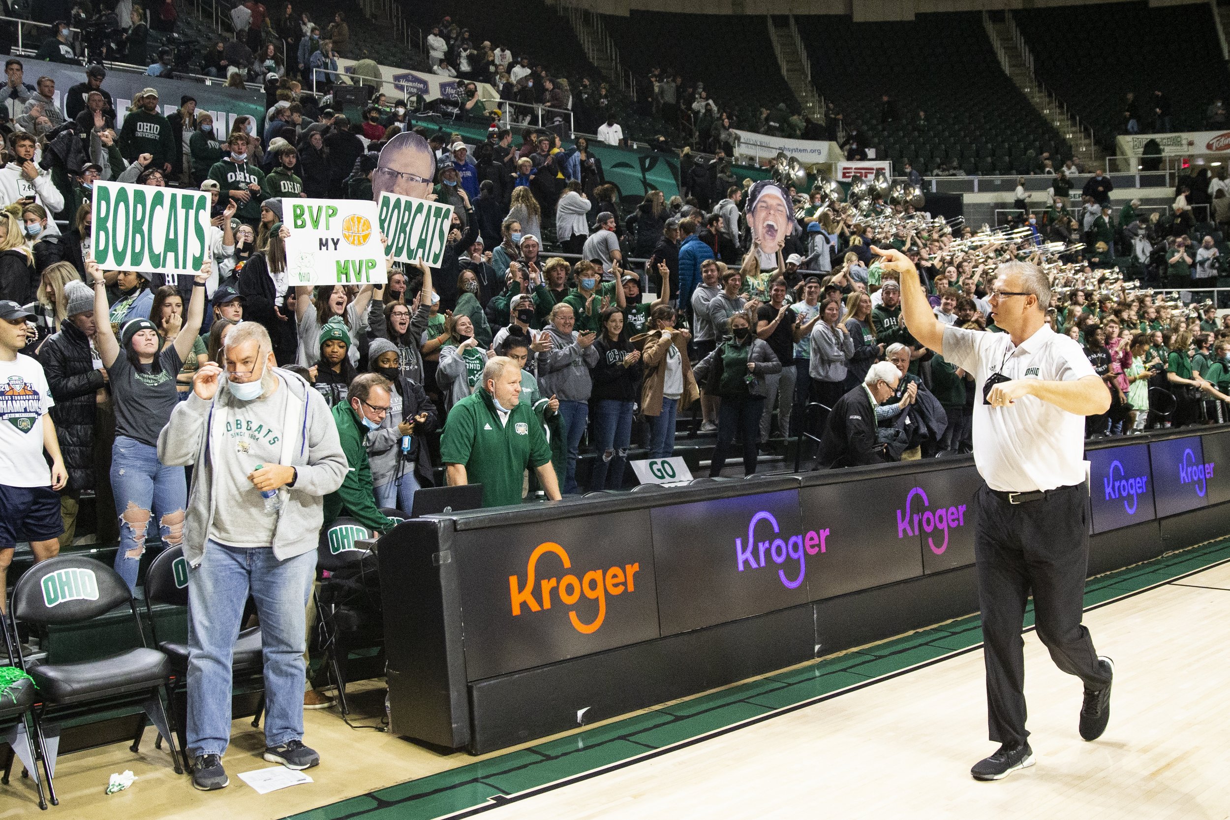  Jeff Boals greets the crowd after a dominating victory over Robert Morris, appreciating them for coming out in numbers for the second week in a row.  