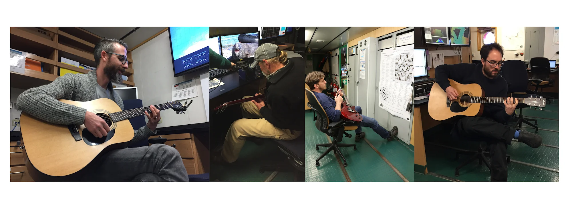 Guitar scientists! THOR scientist Ali Graham, NBP electronics technician Barry Bjork, TARSAN scientists Bastien Queste and Guilherme Bortolotto.