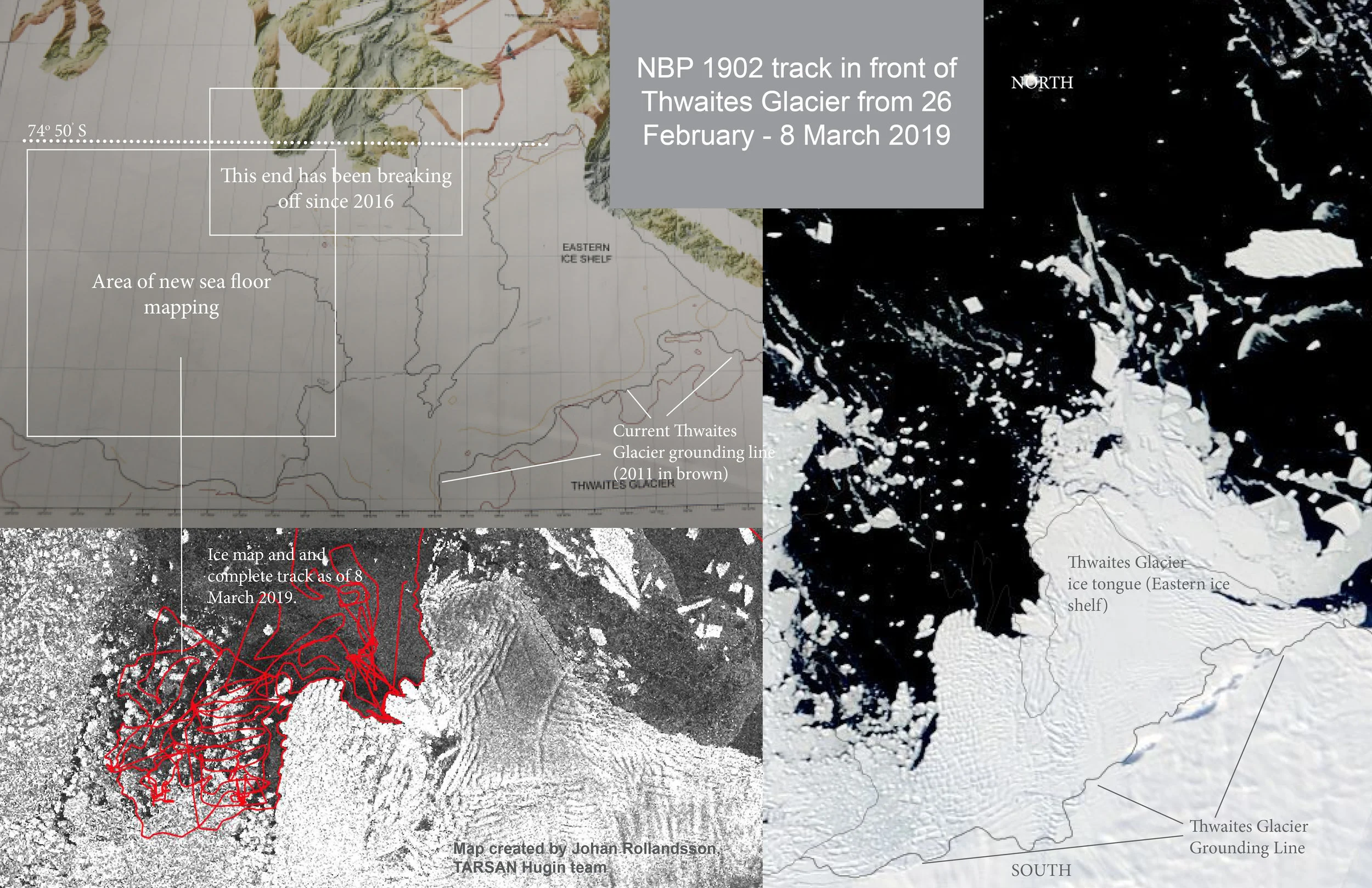 The ice shelf currently extends 15 km beyond the grounding line, which marks the transition from the land-based ice stream. The red track on 8 March 2019 ice data show how quickly sea ice conditions can change over 5 days. Today, we would not be able to survey the sea floor in that sector. While the Palmer might be able to navigate it, the interferences caused by the ice would produce very little usable multibeam data.