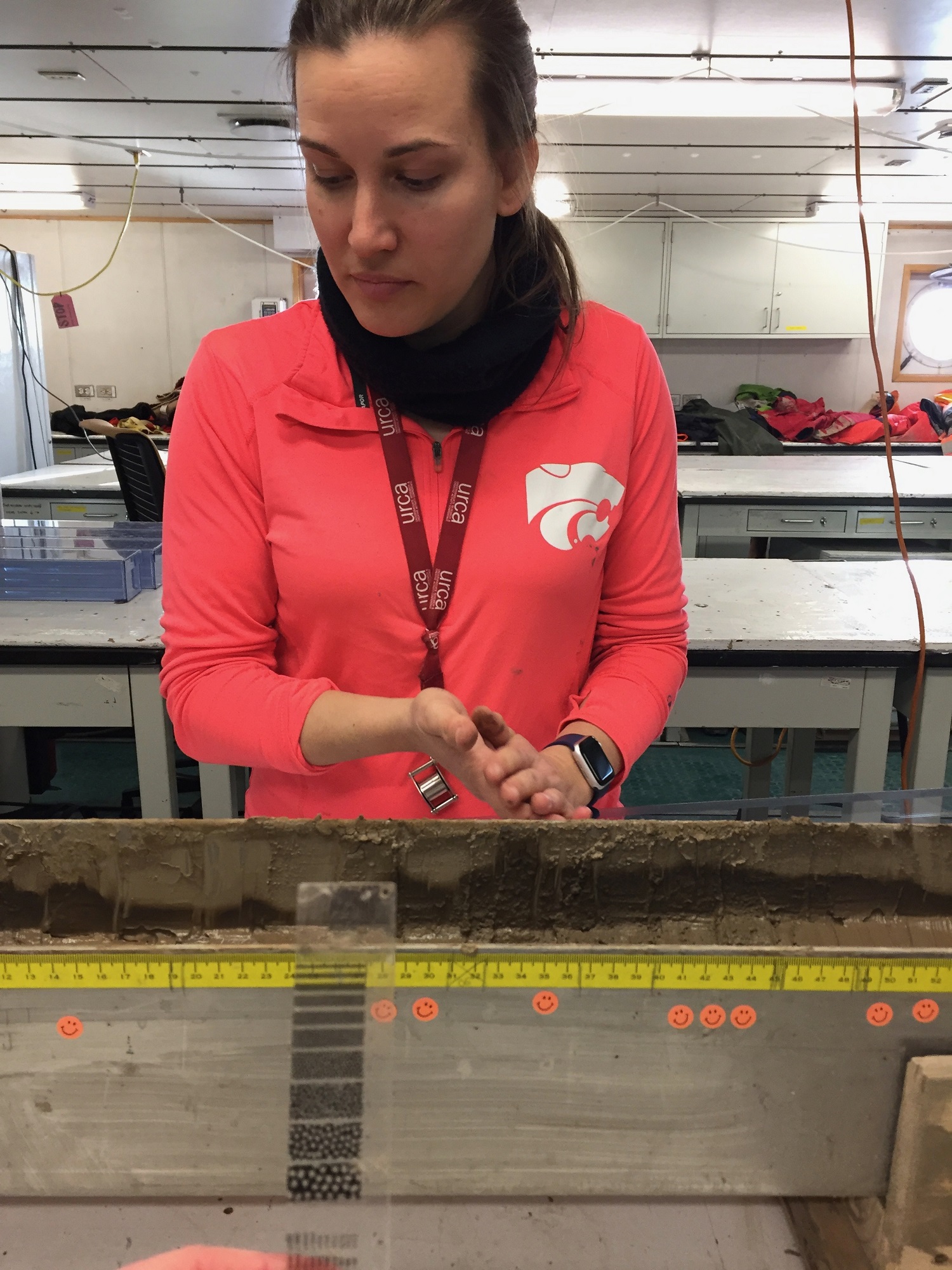 Smiley faces mark locations within the core wHere IRD’s are found during sampling.