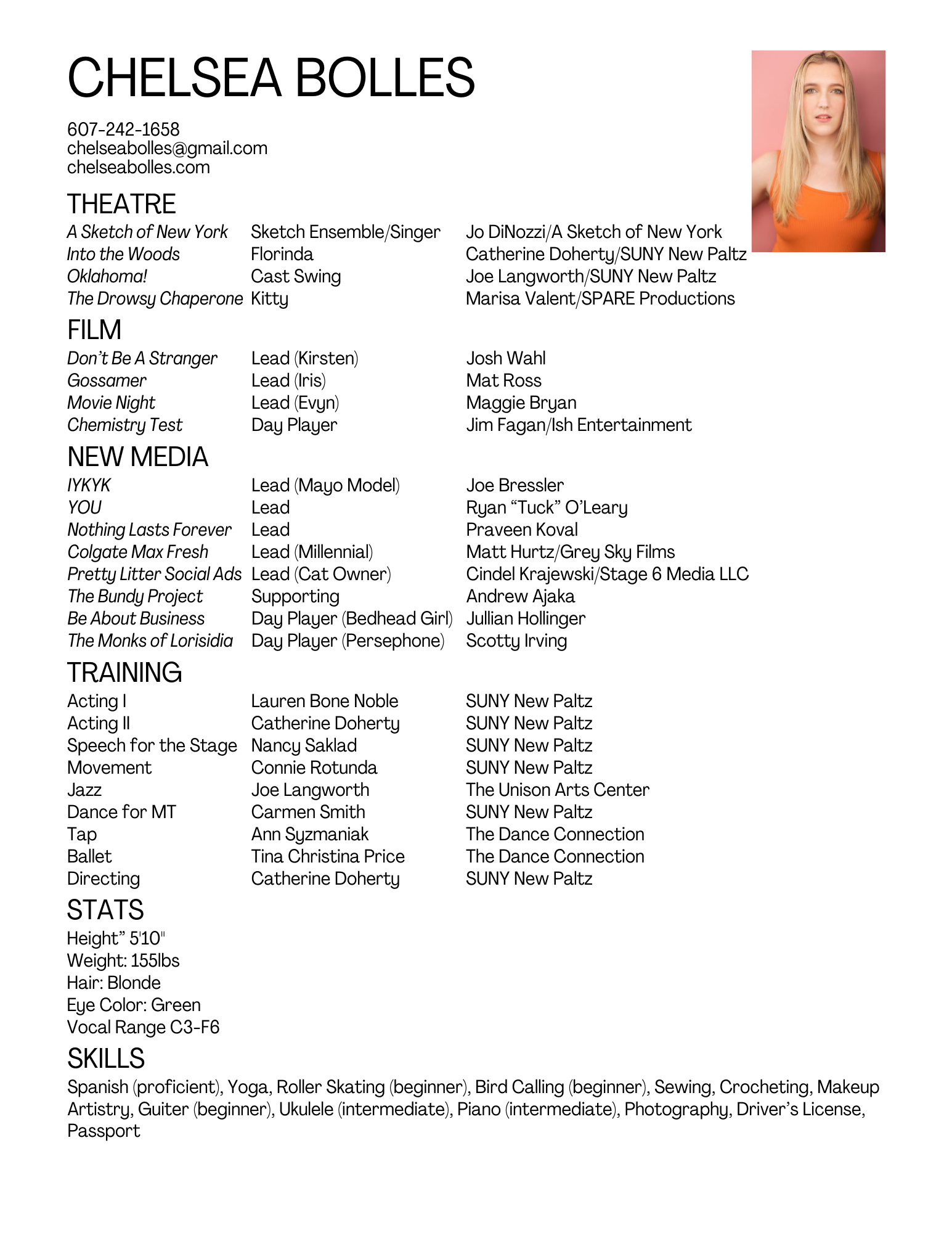 Headshots Resume amp Reels Chelsea - Chelsea Bolles Theatre Resume