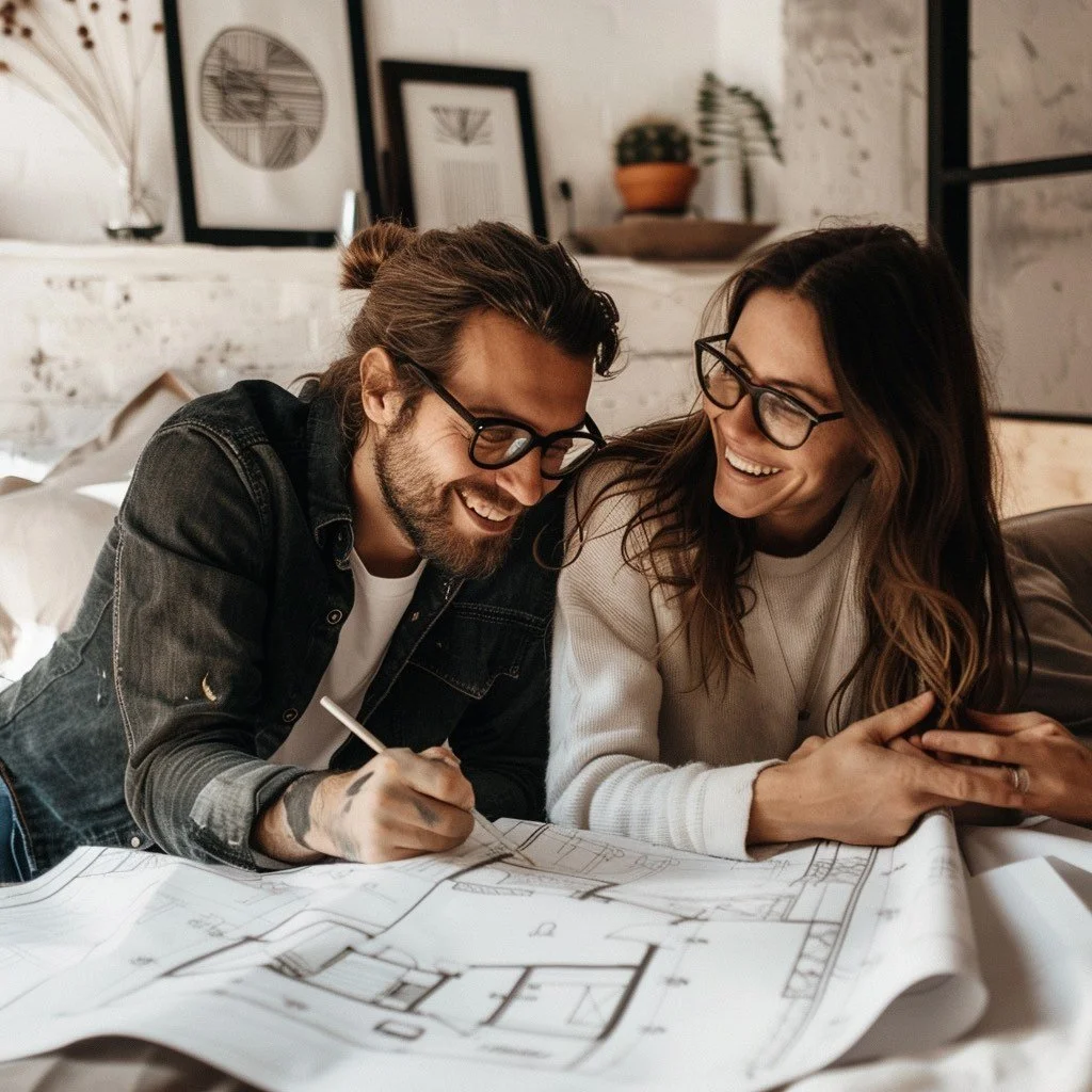 Happy copuple planning their home budget.
