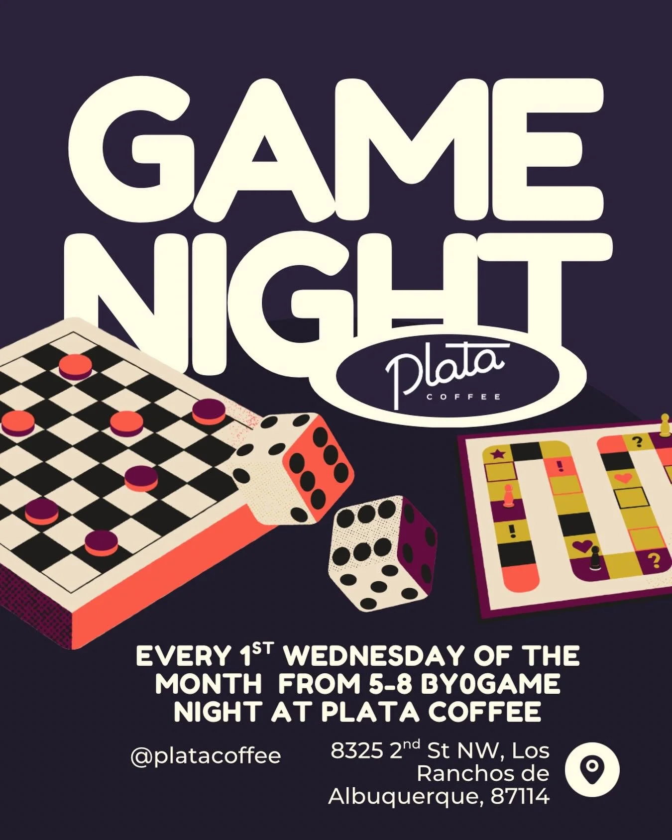 Game nights are back at Plata! Every first Wednesday from 5-8 we&rsquo;ll be open late so you can play with old friends and make some new ones! 
.
.
#abq #abqcoffee #burque #505 #abqthingstodo