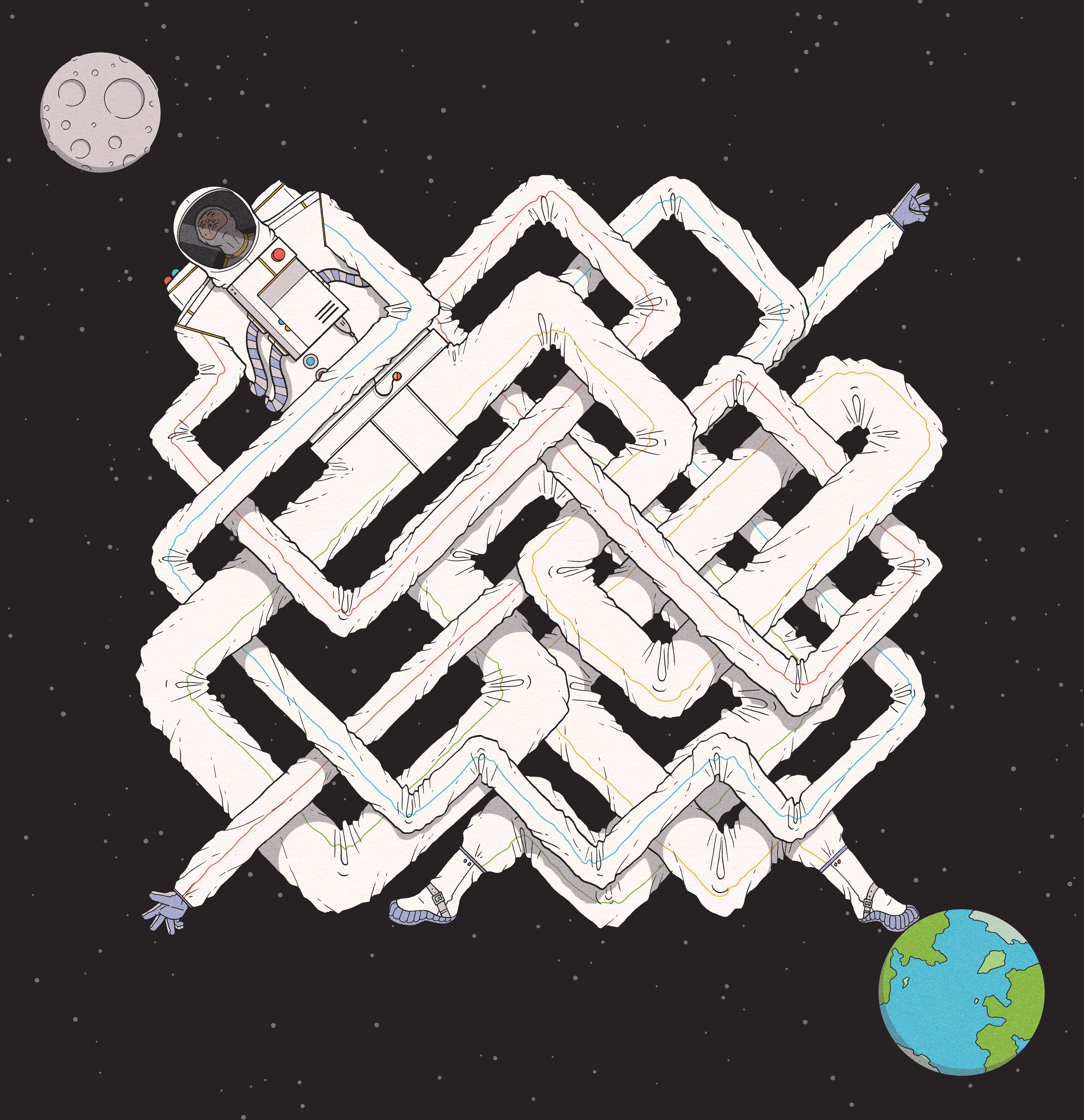 Astronaut twisting from earth to moon