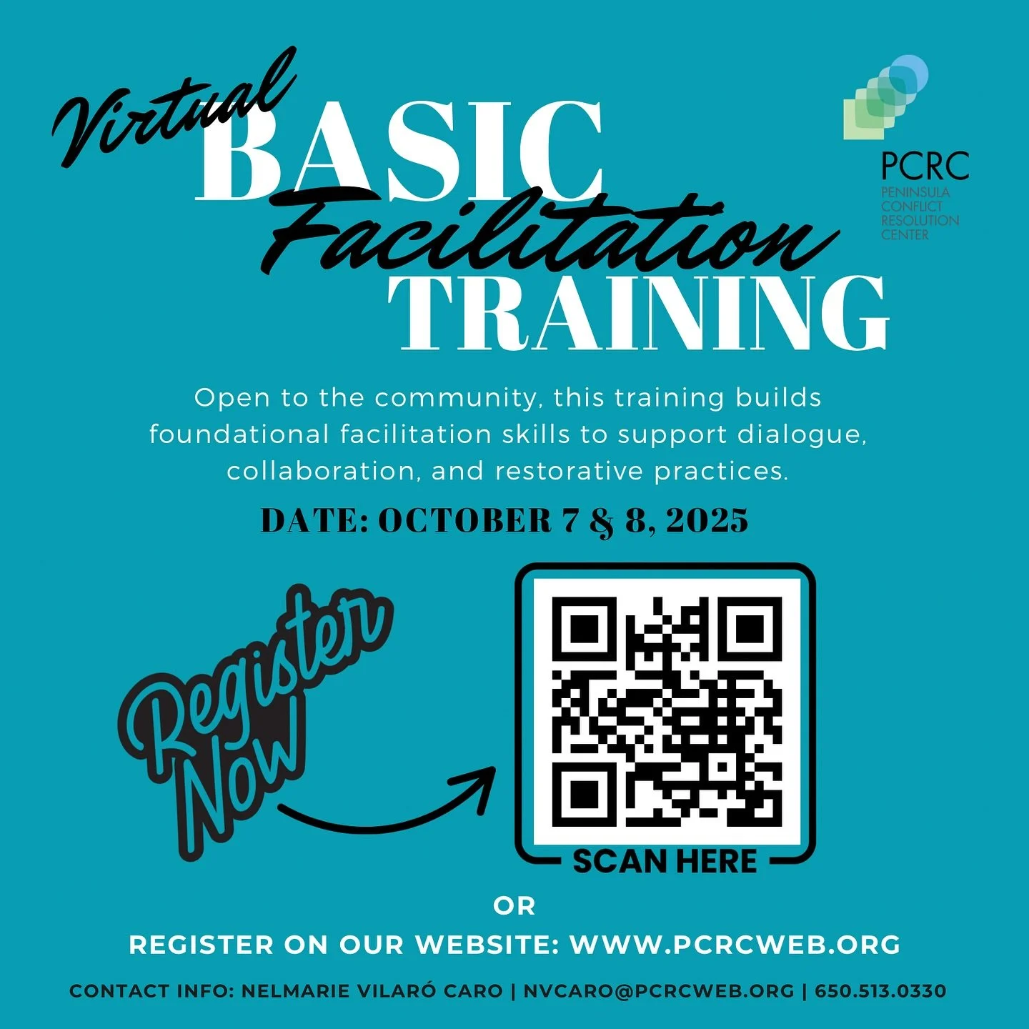 ✨ Don’t miss out! ✨
Our Virtual Basic Facilitation Training is happening Oct 7 & 8 🗓️
This training is open to the community and will help you build foundational facilitation skills to support dialogue, collaboration, and restorative pra