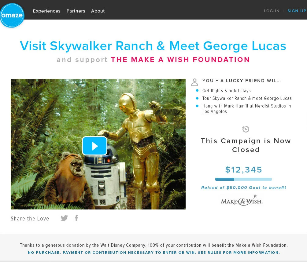   OMAZE   -   7/2014  devOps, Server Side architecture, front-end UX/UI design and implementation to overhaul the Omaze website in support of an anticipated increase in online purchases based on their partnership with Star Wars and an upcoming televi
