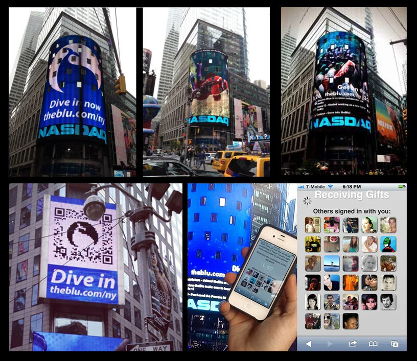  theBlu launched in 2012 in Times Square in New York. We built a custom mobile app for the release that allowed people to sign up for an account on their mobile phone and potentially get their Facebook profile photo displayed in Times Square 