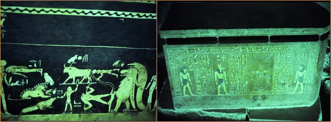 Left to Right: ceiling of king tut's tomb, with frescoes of astrological signs and egyptian gods, done with traditional colors of yellow and cobalt blue king tut's outer sarcophagus, inside king tut's tomb, the spot where howard carter found it in 1922