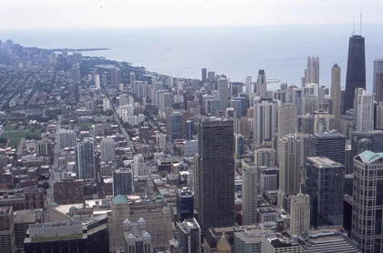View of the skyline from Sears (Willis) Tower looking north, and east along the shoreline of Lake Michigan.