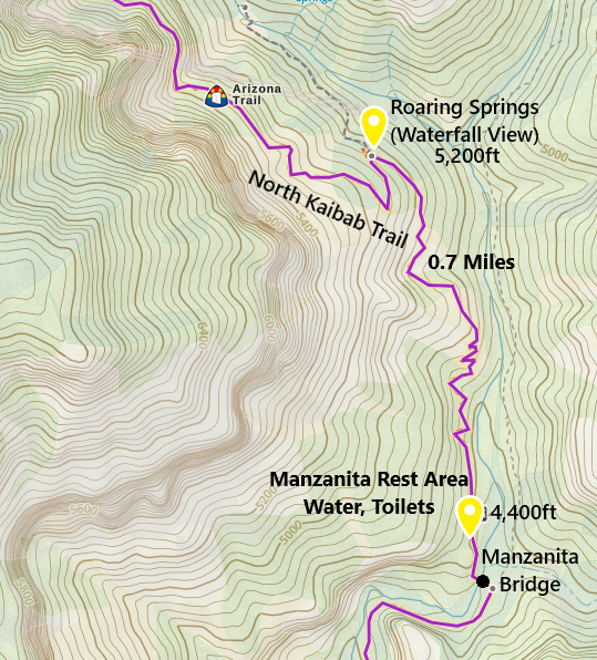 Hiking Trail Map of North Kaibab between Manzanita Rest and Roaring Springs