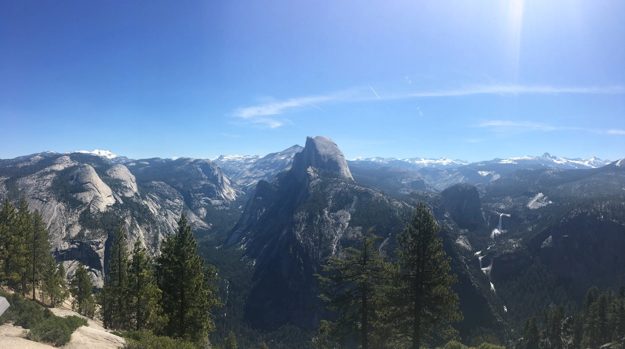 Glacier Point is the best the view in the park! Half Dome is in front. Cloud’s Rest is the mountain peak just to the left. The waterfalls on the right are Nevada (upper) and Vernal Falls (lower).