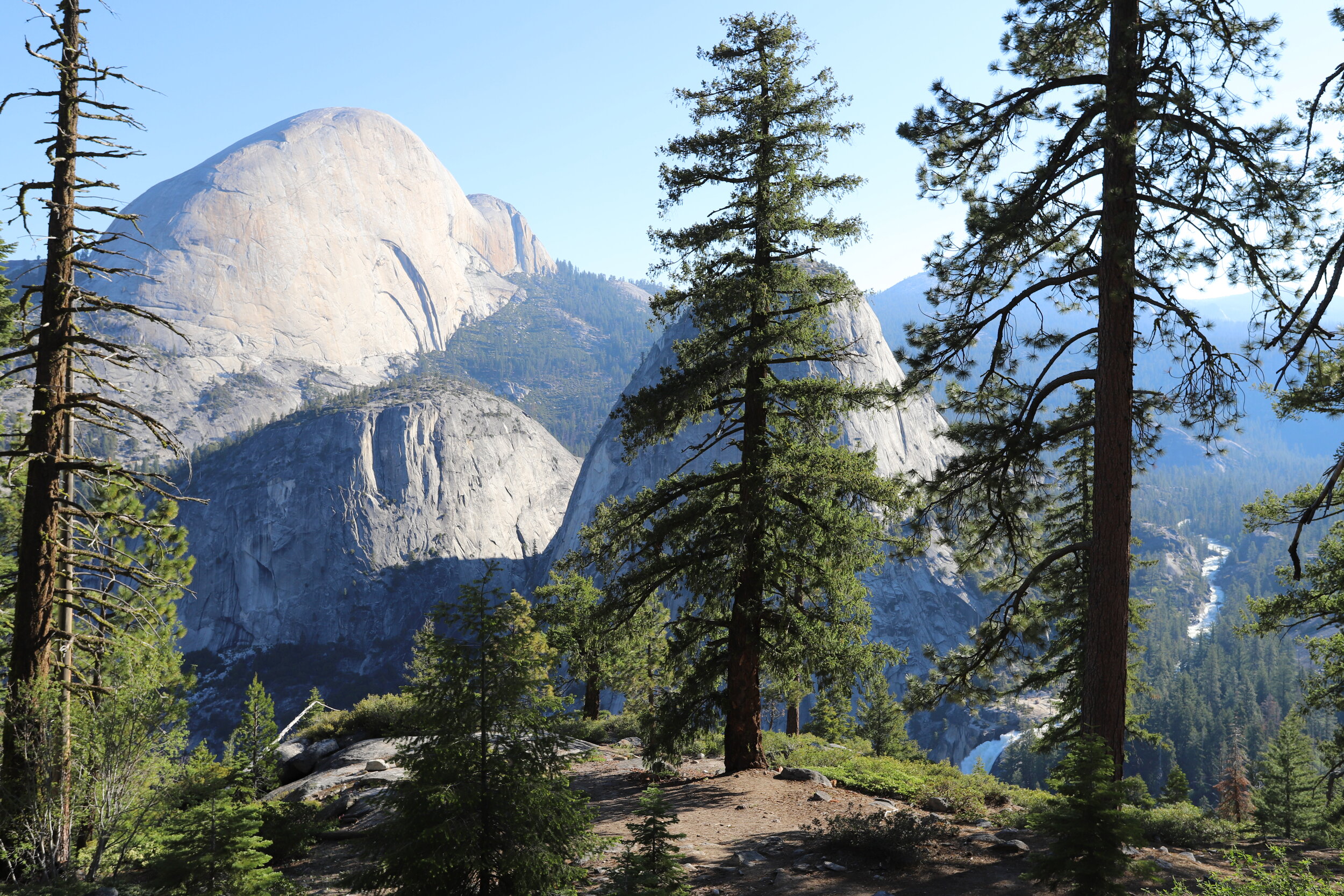 Hiking down to Nevada Falls. Half Dome is on the left, and the top of Nevada Falls is on the right.