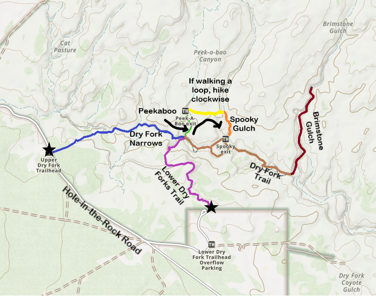 Trail map for Peekaboo and Spooky Gulch Dry Forks Narrows Brimstone