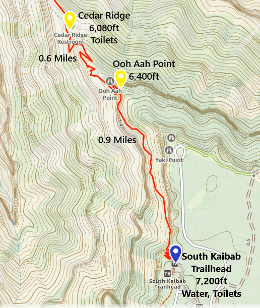 South Kaibab trail map to Ooh Aah Point