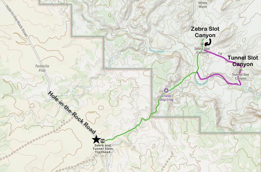 hiking trail map of zebra and tunnel slot canyons