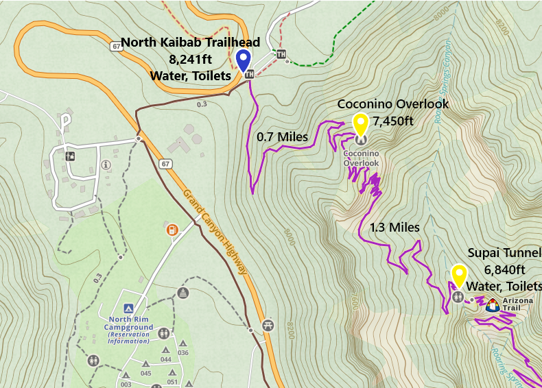 Hiking Trail Map Supai Tunnel to North Kaibab Trailhead