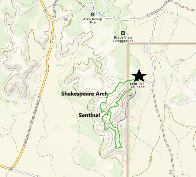 Hiking map of Sentinel Trail and Shakespeare Arch