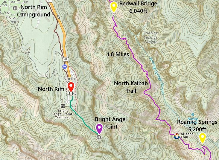 Hiking Trail Map North Kaibab Roaring Springs to Redwall Bridge