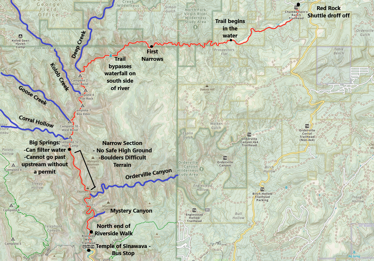 Zion Narrows top-down hiking map