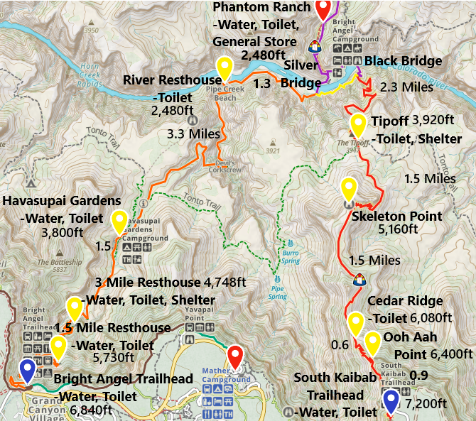 Grand Canyon South Rim Map South Kaibab to Bright Angel