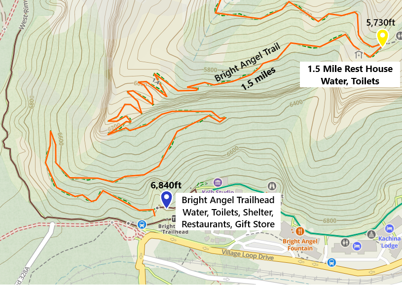 Hiking Trail Map Bright Angel Trailhead to 1.5 Mile Rest House
