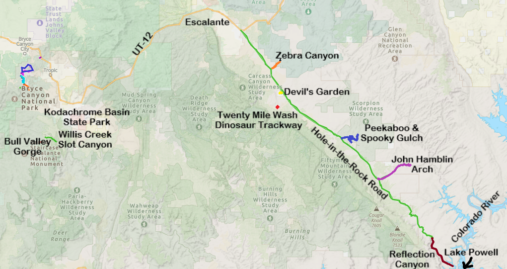Where are the trailheads along hole-in-the-rock road?