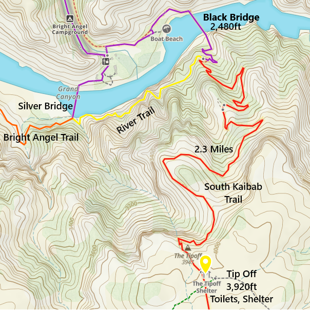 Hiking Map How to get to Colorado River in Grand Canyon National Park