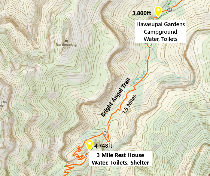 Hiking Map Trail Bright Angel Havasupai Gardens Campground to 3 Mile Rest House