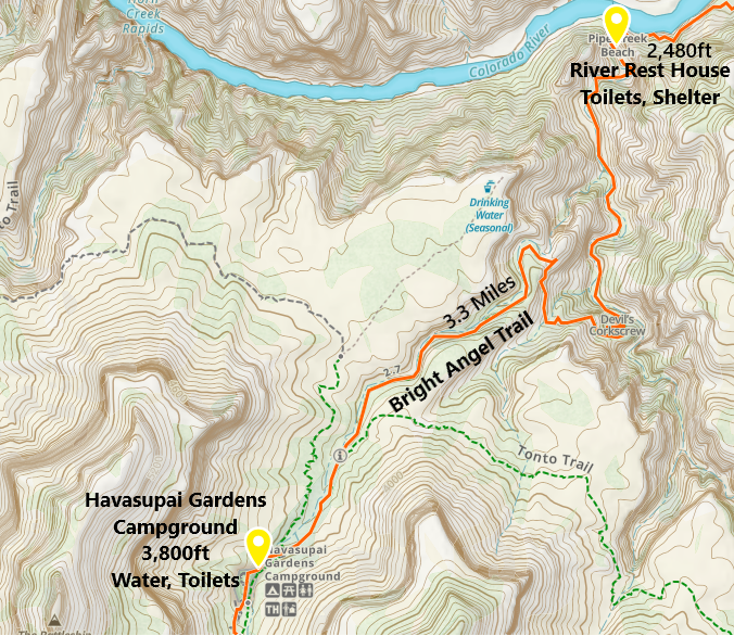 Hiking trail map Bright Angel River Rest to Havasupai Gardens Campground